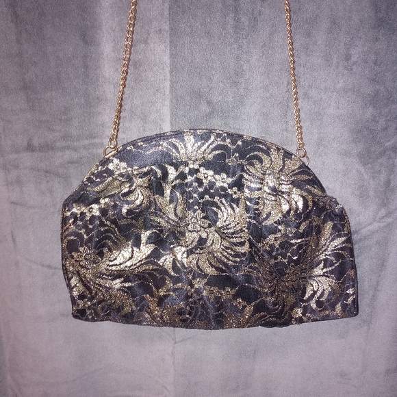 Vintage Handbags - Vintage Cora Jacobs Black and Gold Lace Evening Bag with Gold Chain Strap